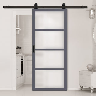 Image: Top Mounted Black Sliding Track & Solid Wood Door - Eco-Urban® Brooklyn 4 Pane Solid Wood Door DD6308SG - Frosted Glass - Stormy Grey Premium Primed