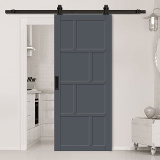 Image: Top Mounted Black Sliding Track & Solid Wood Door - Eco-Urban® Kochi 8 Panel Solid Wood Door DD6415 - Stormy Grey Premium Primed