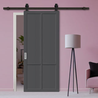 Image: Top Mounted Black Sliding Track & Solid Wood Door - Eco-Urban® Bronx 4 Panel Solid Wood Door DD6315 - Stormy Grey Premium Primed