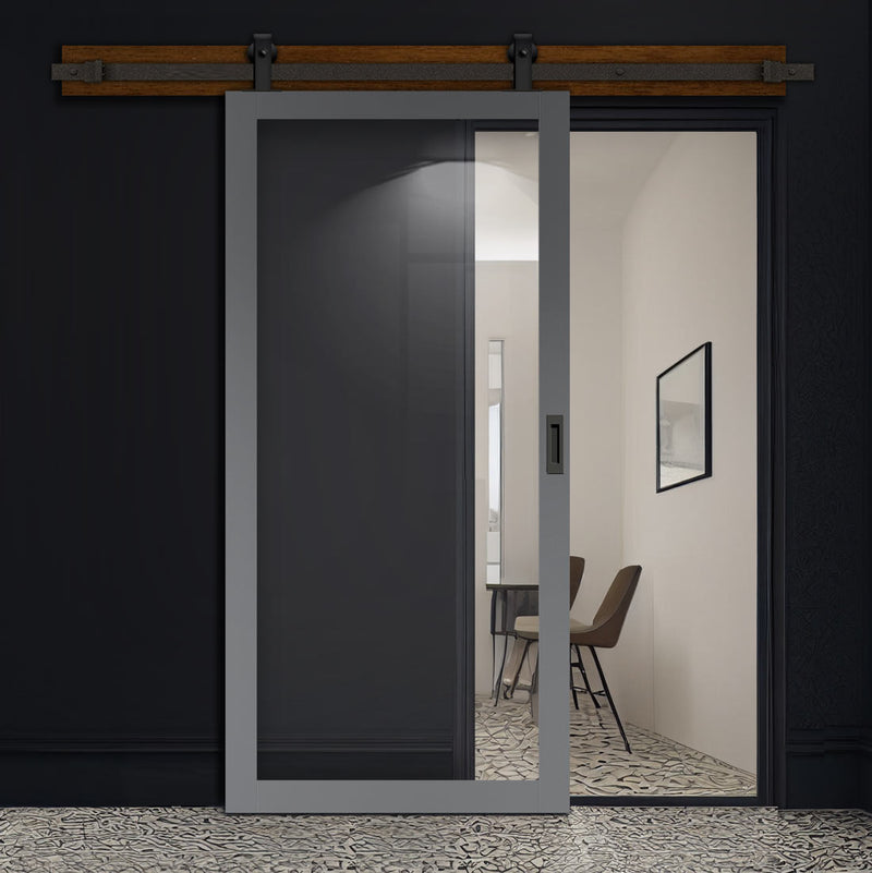 Top Mounted Black Sliding Track & Solid Wood Door - Eco-Urban® Baltimore 1 Pane Solid Wood Door DD6301G - Clear Glass - Stormy Grey Premium Primed