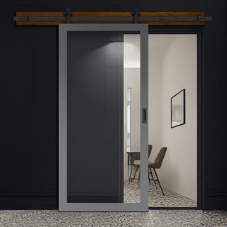 Image: Top Mounted Black Sliding Track & Solid Wood Door - Eco-Urban® Baltimore 1 Pane Solid Wood Door DD6301G - Clear Glass - Stormy Grey Premium Primed