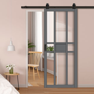 Image: Top Mounted Black Sliding Track & Solid Wood Door - Eco-Urban® Tromso 8 Pane 1 Panel Solid Wood Door DD6402G Clear Glass - Stormy Grey Premium Primed