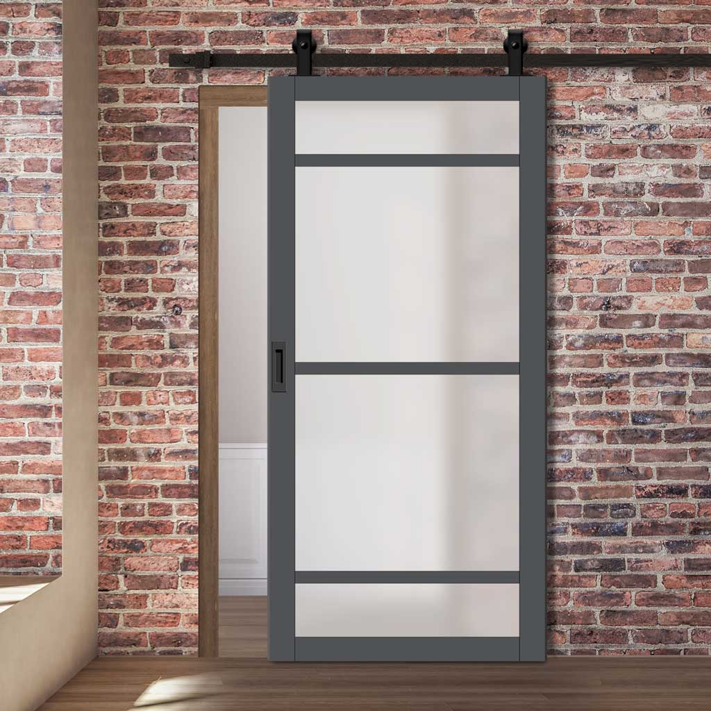 Top Mounted Black Sliding Track & Solid Wood Door - Eco-Urban® Malvan 4 Pane Solid Wood Door DD6414SG Frosted Glass - Stormy Grey Premium Primed
