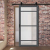 Top Mounted Black Sliding Track & Solid Wood Door - Eco-Urban® Malvan 4 Pane Solid Wood Door DD6414SG Frosted Glass - Stormy Grey Premium Primed