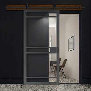 Image: Top Mounted Black Sliding Track & Solid Wood Door - Eco-Urban® Sheffield 5 Pane Solid Wood Door DD6312G - Clear Glass - Stormy Grey Premium Primed