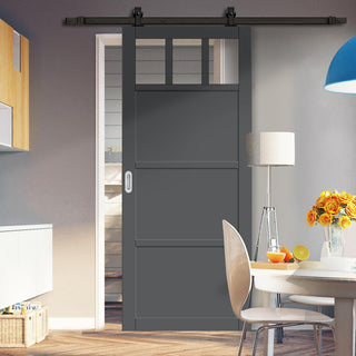 Image: Top Mounted Black Sliding Track & Solid Wood Door - Eco-Urban® Lagos 3 Pane 3 Panel Solid Wood Door DD6427G Clear Glass - Stormy Grey Premium Primed