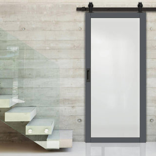 Image: Top Mounted Black Sliding Track & Solid Wood Door - Eco-Urban® Baltimore 1 Pane Solid Wood Door DD6301SG - Frosted Glass - Stormy Grey Premium Primed