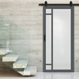 Image: Top Mounted Black Sliding Track & Solid Wood Door - Eco-Urban® Suburban 4 Pane Solid Wood Door DD6411SG Frosted Glass - Stormy Grey Premium Primed