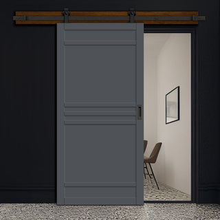 Image: Top Mounted Black Sliding Track & Solid Wood Door - Eco-Urban® Colorado 6 Panel Solid Wood Door DD6436 - Stormy Grey Premium Primed