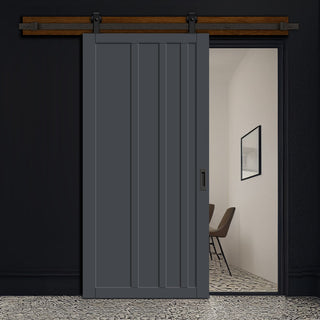 Image: Top Mounted Black Sliding Track & Solid Wood Door - Eco-Urban® Malmo 4 Panel Solid Wood Door DD6401 - Stormy Grey Premium Primed