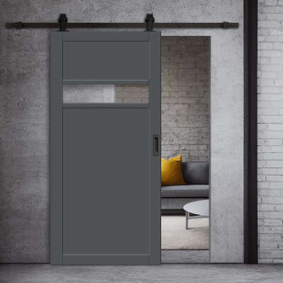 Image: Top Mounted Black Sliding Track & Solid Wood Door - Eco-Urban® Orkney 1 Pane 2 Panel Solid Wood Door DD6403G Clear Glass - Stormy Grey Premium Primed
