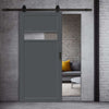 Top Mounted Black Sliding Track & Solid Wood Door - Eco-Urban® Orkney 1 Pane 2 Panel Solid Wood Door DD6403G Clear Glass - Stormy Grey Premium Primed