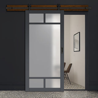 Image: Top Mounted Black Sliding Track & Solid Wood Door - Eco-Urban® Sydney 5 Pane Solid Wood Door DD6417SG Frosted Glass - Stormy Grey Premium Primed