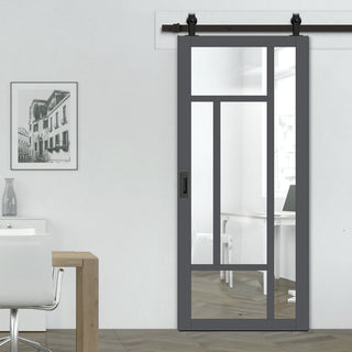 Image: Top Mounted Black Sliding Track & Solid Wood Door - Eco-Urban® Morningside 5 Pane Solid Wood Door DD6437G Clear Glass - Stormy Grey Premium Primed