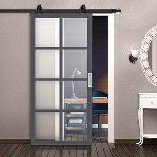 Image: Top Mounted Black Sliding Track & Solid Wood Door - Eco-Urban® Perth 8 Pane Solid Wood Door DD6318G - Clear Glass - Stormy Grey Premium Primed