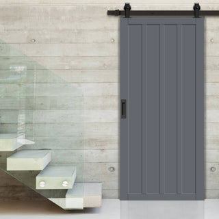 Image: Top Mounted Black Sliding Track & Solid Wood Door - Eco-Urban® Sintra 4 Panel Solid Wood Door DD6428 - Stormy Grey Premium Primed