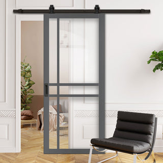 Image: Top Mounted Black Sliding Track & Solid Wood Door - Eco-Urban® Glasgow 6 Pane Solid Wood Door DD6314G - Clear Glass - Stormy Grey Premium Primed