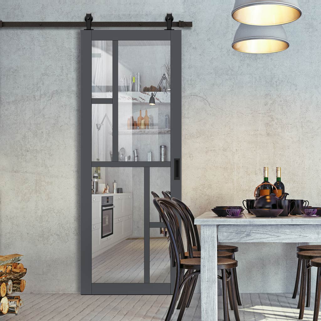 Top Mounted Black Sliding Track & Solid Wood Door - Eco-Urban® Cairo 6 Pane Solid Wood Door DD6419G Clear Glass - Stormy Grey Premium Primed