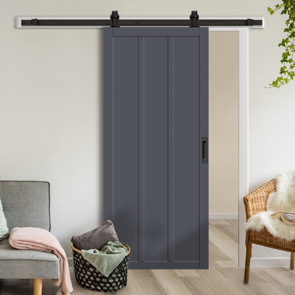 Top Mounted Black Sliding Track & Solid Wood Door - Eco-Urban® Cornwall 3 Panel Solid Wood Door DD6404 - Stormy Grey Premium Primed