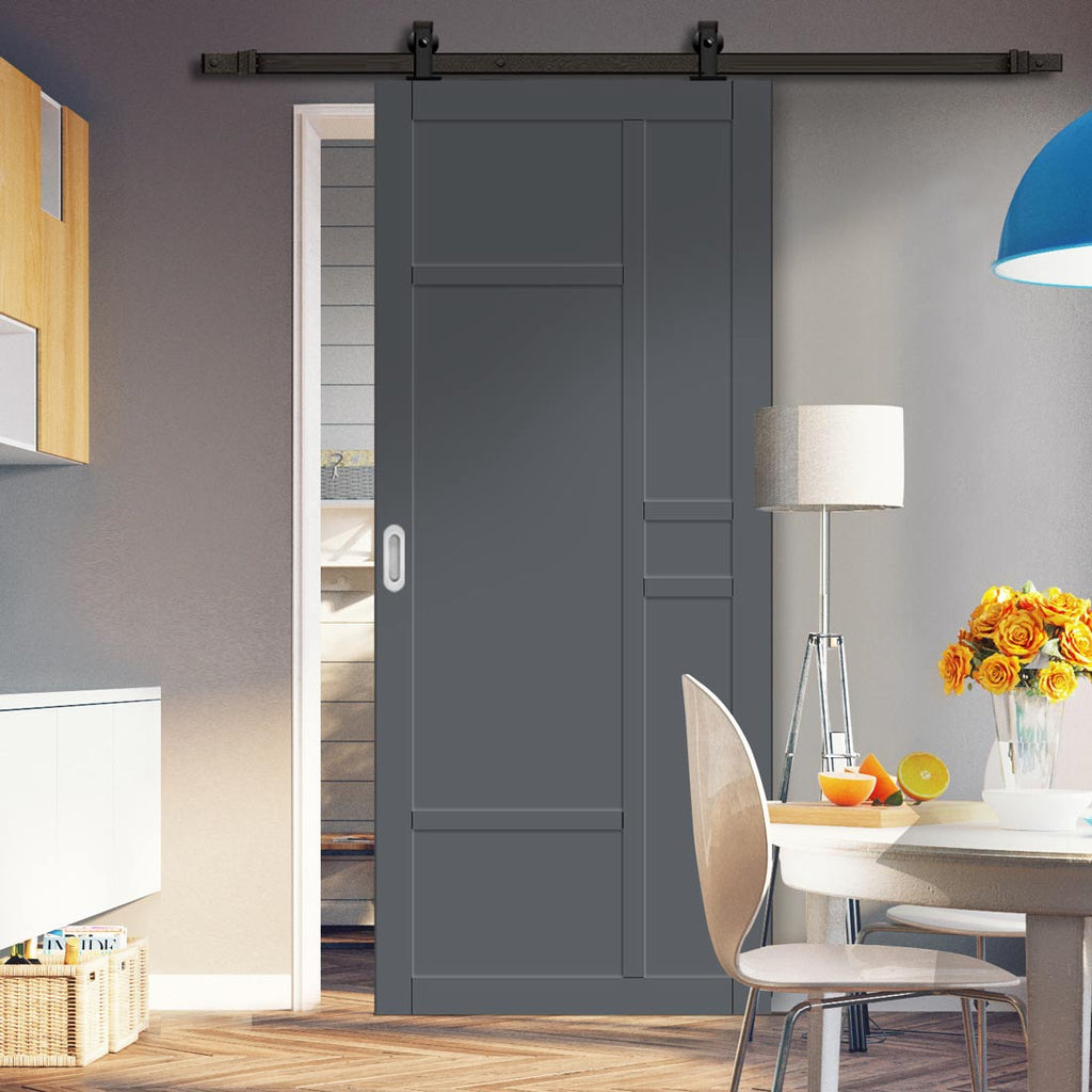 Top Mounted Black Sliding Track & Solid Wood Door - Eco-Urban® Hampton 4 Panel Solid Wood Door DD6413 - Stormy Grey Premium Primed