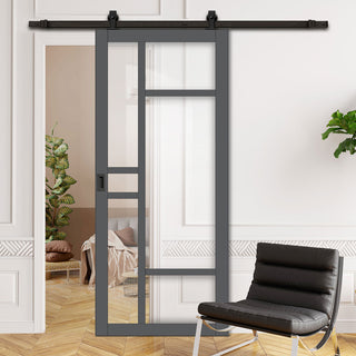 Image: Top Mounted Black Sliding Track & Solid Wood Door - Eco-Urban® Isla 6 Pane Solid Wood Door DD6429G Clear Glass - Stormy Grey Premium Primed