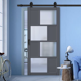 Image: Top Mounted Black Sliding Track & Solid Wood Door - Eco-Urban® Cusco 4 Pane 4 Panel Solid Wood Door DD6416SG Frosted Glass - Stormy Grey Premium Primed