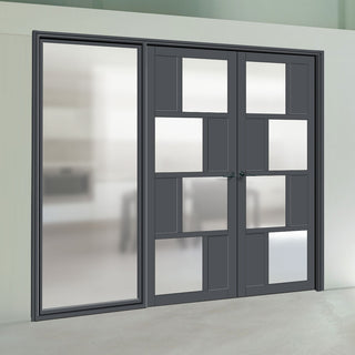 Image: Room Divider - Handmade Eco-Urban® Cusco 4 Panel Door Pair DD6416F - Frosted Glass - Premium Primed - Colour & Size Options