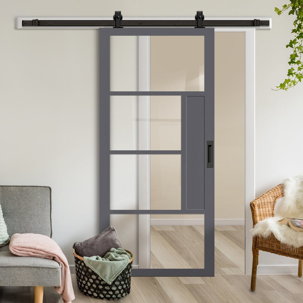 Top Mounted Black Sliding Track & Solid Wood Door - Eco-Urban® Boston 4 Pane Solid Wood Door DD6311G - Clear Glass - Stormy Grey Premium Primed