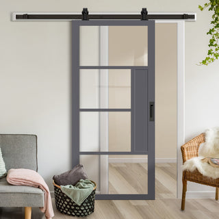 Image: Top Mounted Black Sliding Track & Solid Wood Door - Eco-Urban® Boston 4 Pane Solid Wood Door DD6311G - Clear Glass - Stormy Grey Premium Primed