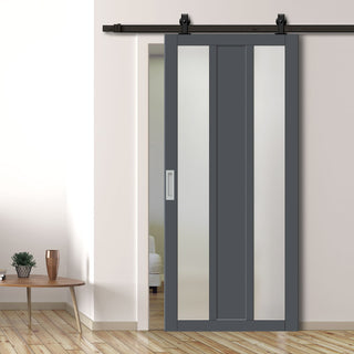 Image: Top Mounted Black Sliding Track & Solid Wood Door - Eco-Urban® Avenue 2 Pane 1 Panel Solid Wood Door DD6410SG Frosted Glass - Stormy Grey Premium Primed