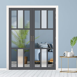 Image: Eco-Urban Tasmania 7 Pane Solid Wood Internal Door Pair UK Made DD6425G Clear Glass(1 FROSTED PANE) - Eco-Urban® Stormy Grey Premium Primed