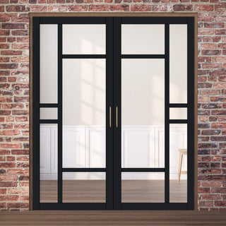 Image: Eco-Urban Isla 6 Pane Solid Wood Internal Door Pair UK Made DD6429G Clear Glass - Eco-Urban® Shadow Black Premium Primed