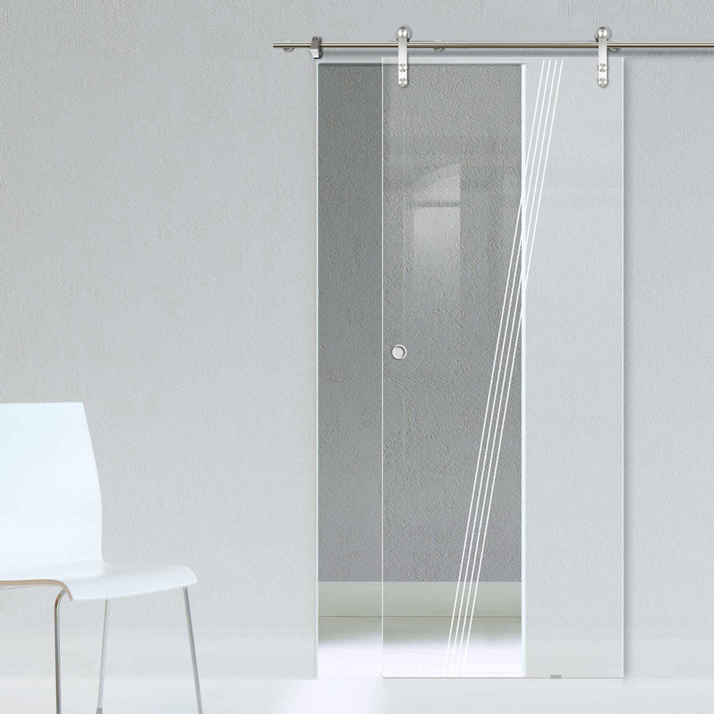 Single Glass Sliding Door - Solaris Tubular Stainless Steel Sliding Track & Dean 8mm Clear Glass - Obscure Printed Design