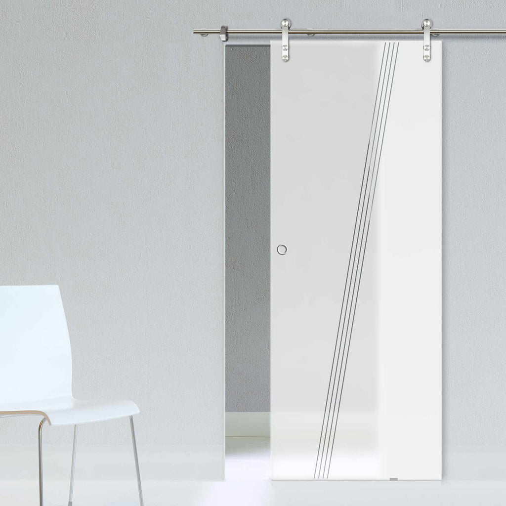 Single Glass Sliding Door - Solaris Tubular Stainless Steel Sliding Track & Dean 8mm Obscure Glass - Clear Printed Design