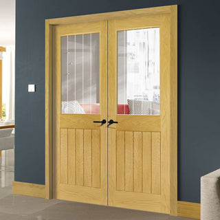 Image: Bespoke Ely 1L Top Pane Oak Internal Door Pair - Clear Etched Glass - Unfinished