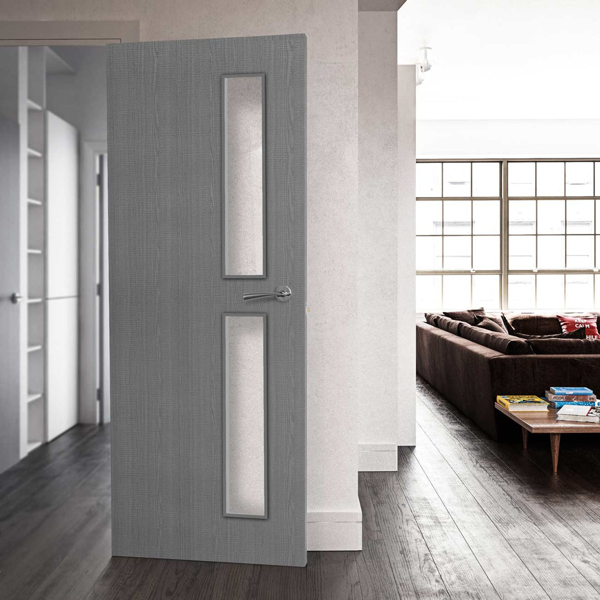 Bespoke Door - Flush American Light Grey Ash Veneer - Clear Glass - 07 - Prefinished