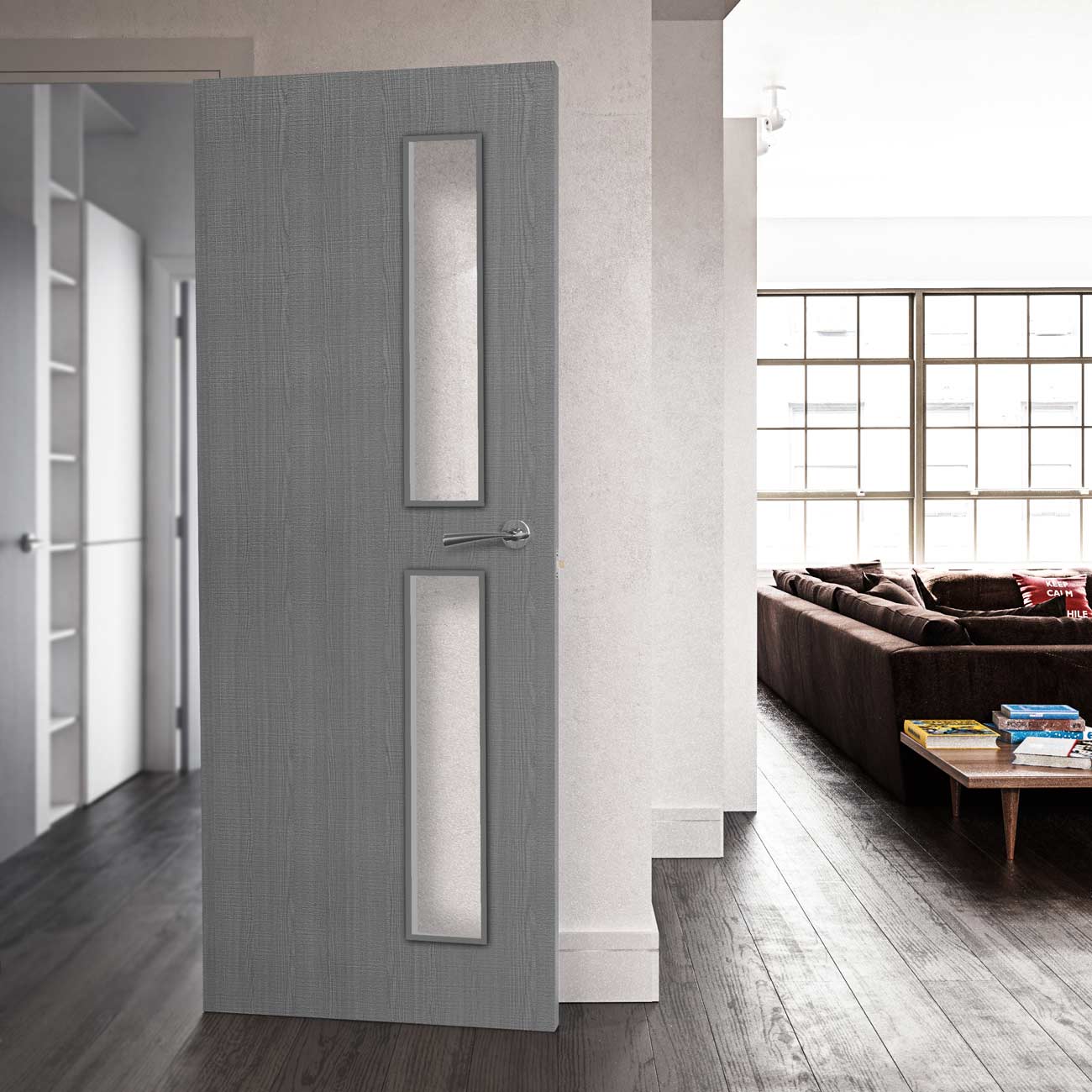 Bespoke Door - Flush American Light Grey Ash Veneer - Clear Glass - 07 - Prefinished