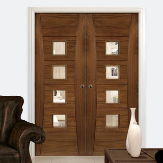 Image: Bespoke Pamplona Prefinished Walnut Internal Door Pair - Clear Glass