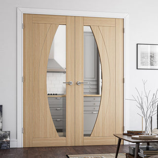 Image: Ravello Oak Internal Door Pair - Clear Glass - Prefinished