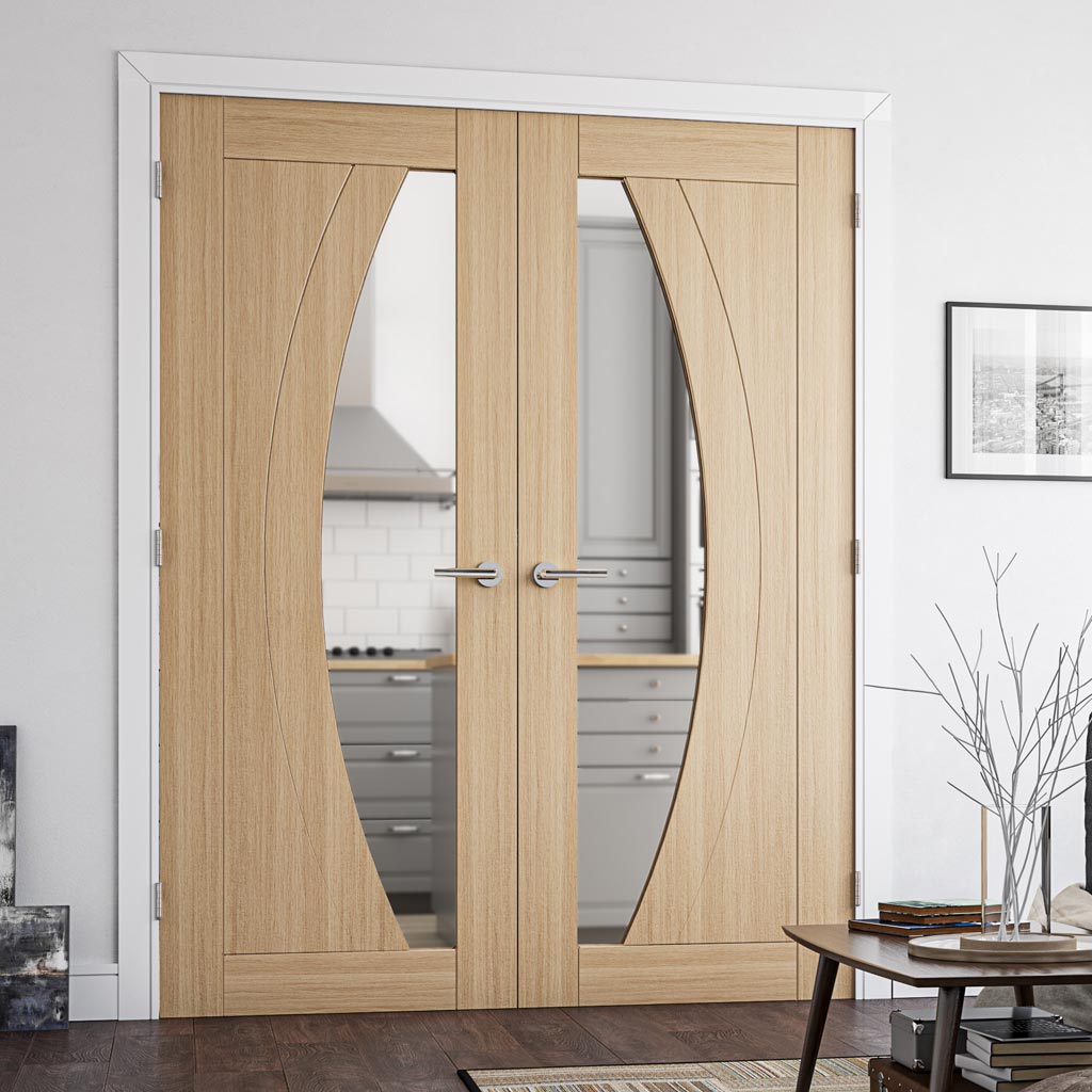 Bespoke Ravello Oak Internal Door Pair - Clear Glass - Prefinished