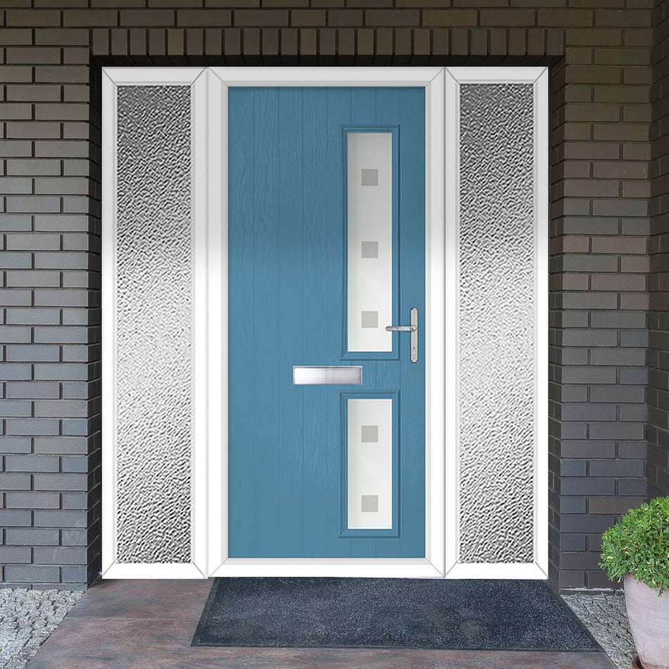 Cottage Style Debonaire 2 Composite Front Door Set with Double Side Screen - Hnd Sandblast Ellie Glass - Shown in Pastel Blue