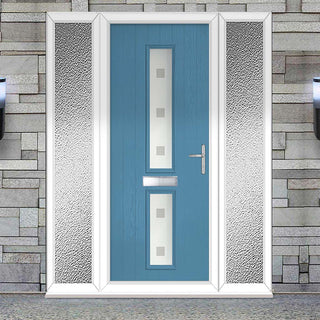 Image: Cottage Style Debonaire 2 Composite Front Door Set with Double Side Screen - Central Sandblast Ellie Glass - Shown in Pastel Blue