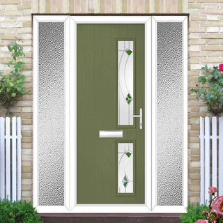 Image: Cottage Style Debonaire 2 Composite Front Door Set with Double Side Screen - Hnd Kupang Green Glass - Shown in Reed Green