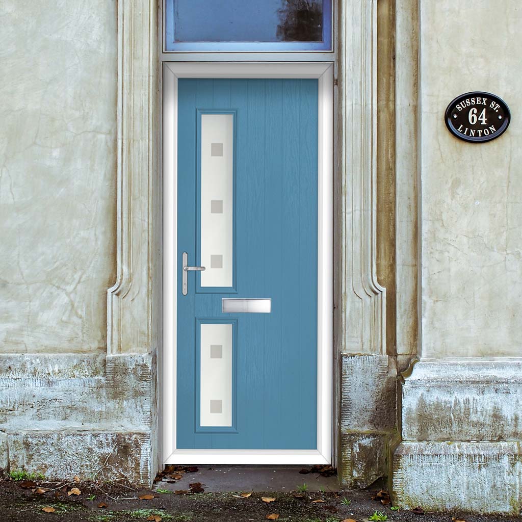 Cottage Style Debonaire 2 Composite Front Door Set with Hnd Sandblast Ellie Glass - Shown in Pastel Blue