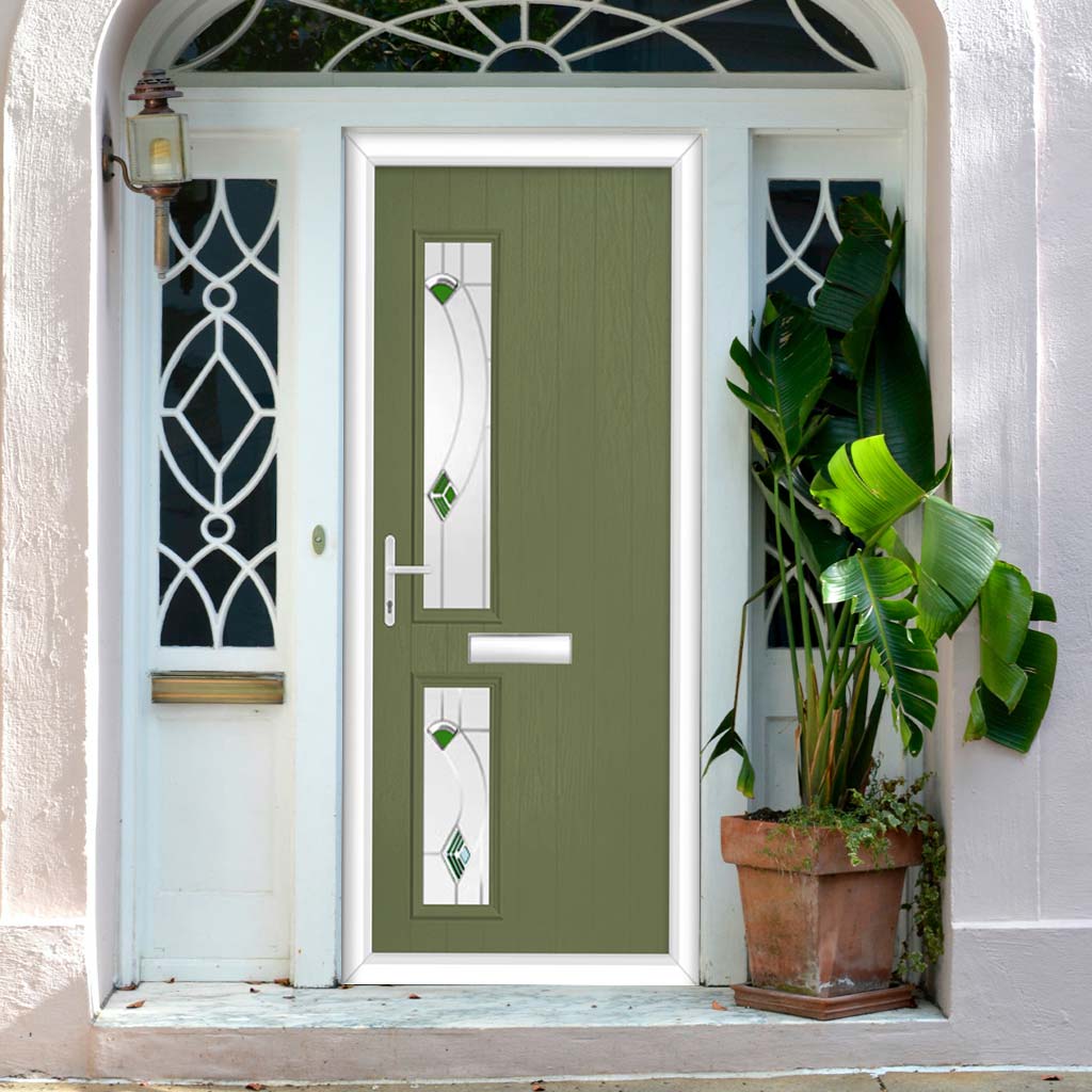 Cottage Style Debonaire 2 Composite Front Door Set with Hnd Kupang Green Glass - Shown in Reed Green