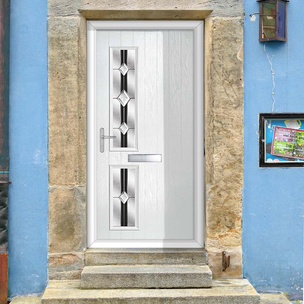 Cottage Style Debonaire 2 Composite Front Door Set with Hnd Jet Glass - Shown in White