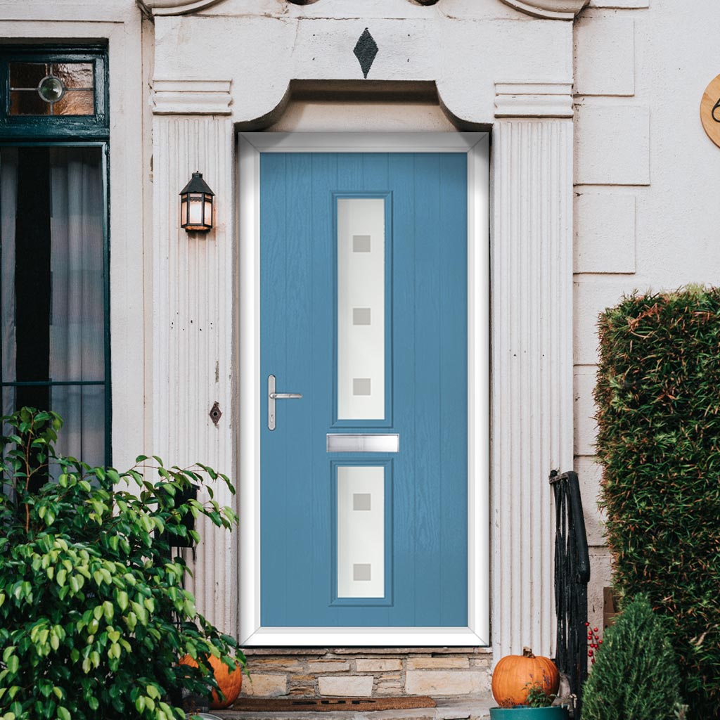 Cottage Style Debonaire 2 Composite Front Door Set with Central Sandblast Ellie Glass - Shown in Pastel Blue