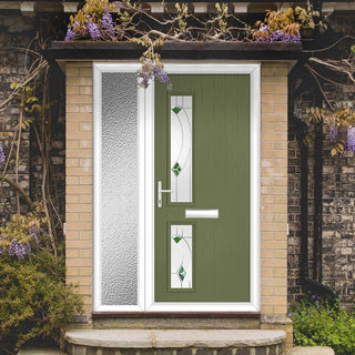 Image: Cottage Style Debonaire 2 Composite Front Door Set with Single Side Screen - Hnd Kupang Green Glass - Shown in Reed Green