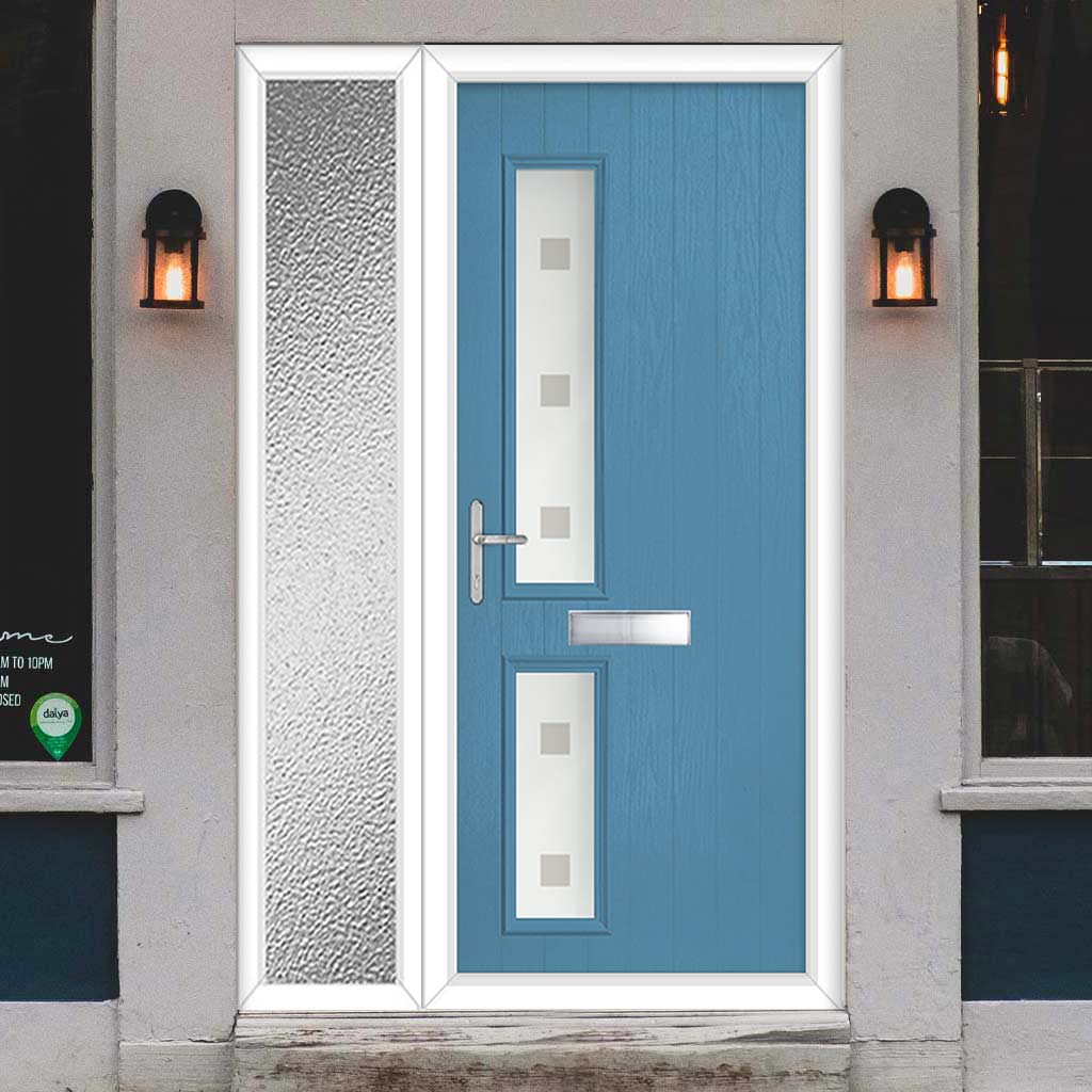 Cottage Style Debonaire 2 Composite Front Door Set with Single Side Screen - Hnd Sandblast Ellie Glass - Shown in Pastel Blue