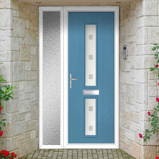 Image: Cottage Style Debonaire 2 Composite Front Door Set with Single Side Screen - Central Sandblast Ellie Glass - Shown in Pastel Blue
